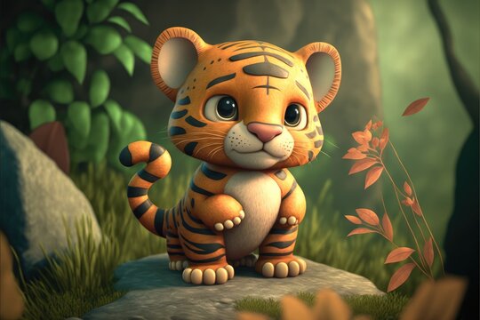 a cute adorable baby tiger generative ai  rendered in the style of children-friendly cartoon animation fantasy style	