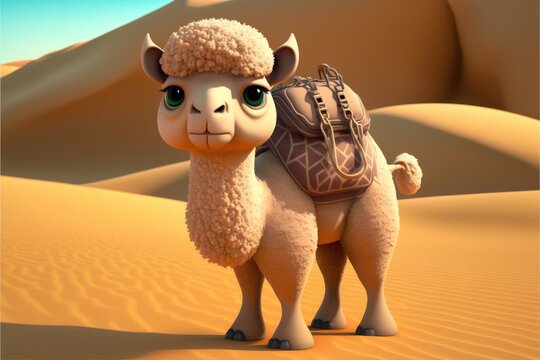 a cute adorable baby camel generative ai  rendered in the style of children-friendly cartoon animation fantasy style	