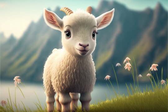 a cute adorable baby goat generative ai  rendered in the style of children-friendly cartoon animation fantasy style	