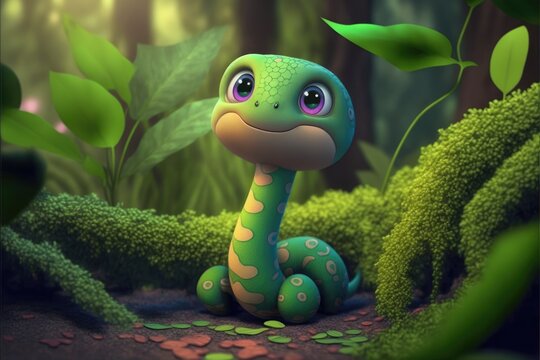 a cute adorable baby snake generative ai  rendered in the style of children-friendly cartoon animation fantasy style	