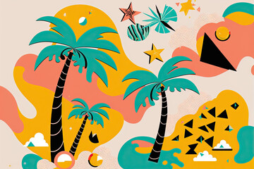 Abstract illustration with colorful geometric and natural elements. Summer tropical theme. Generative AI