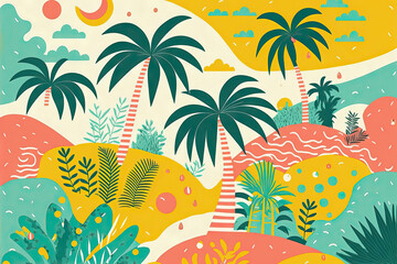 Fototapeta na wymiar Abstract illustration with colorful geometric and natural elements. Summer tropical theme. Generative AI