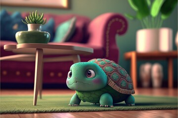 a cute adorable baby turtle generative ai  rendered in the style of children-friendly cartoon animation fantasy style	 - obrazy, fototapety, plakaty