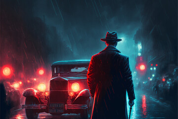 Peaky blinder walking down a cityroad, Rainy night