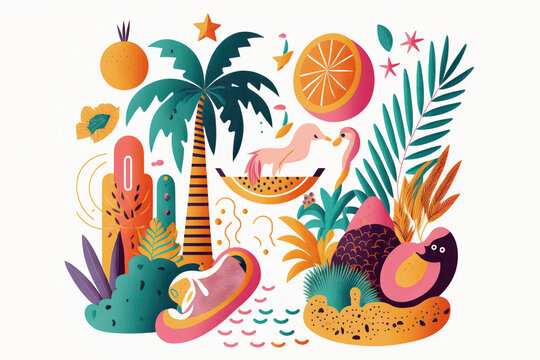 Abstract illustration with colorful geometric and natural elements. Summer tropical theme. Generative AI