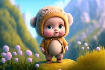 a cute adorable baby generative ai  rendered in the style of children-friendly cartoon animation fantasy style	 - obrazy, fototapety, plakaty