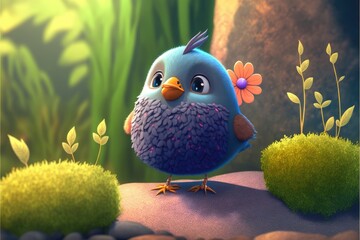 a cute adorable baby bird generative ai  rendered in the style of children-friendly cartoon animation fantasy style	