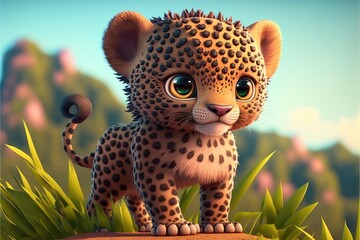 a cute adorable baby leopard generative ai  rendered in the style of children-friendly cartoon animation fantasy style	 - obrazy, fototapety, plakaty