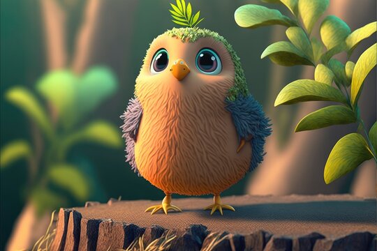 a cute adorable baby bird generative ai  rendered in the style of children-friendly cartoon animation fantasy style	