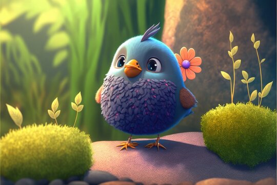 a cute adorable baby bird generative ai  rendered in the style of children-friendly cartoon animation fantasy style	