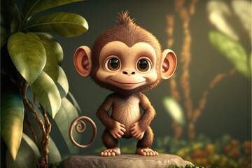 a cute adorable baby Monkey generative ai  rendered in the style of children-friendly cartoon animation fantasy style	