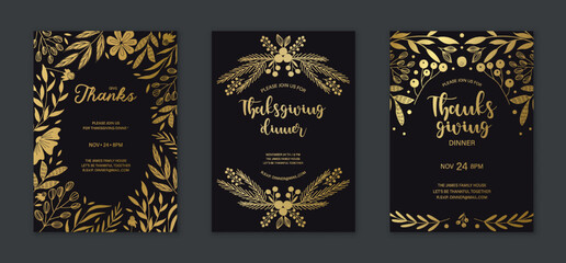 Gold leaf posters set. Collection of graphic elements for website. Wealth and luxury, minimalist creativity and art, thanksgiving. Cartoon flat vector illustrations isolated on dark background