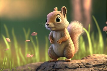 a cute adorable baby squirrel generative ai  rendered in the style of children-friendly cartoon animation fantasy style	 - obrazy, fototapety, plakaty