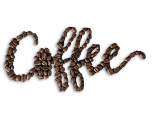Coffee word written with coffee beans on transparent 