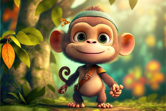 a cute adorable baby Monkey generative ai  rendered in the style of children-friendly cartoon animation fantasy style	