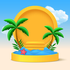A podium with the sea, palm trees, realistic clouds, a starfish and steps leading up to the stage for your product.