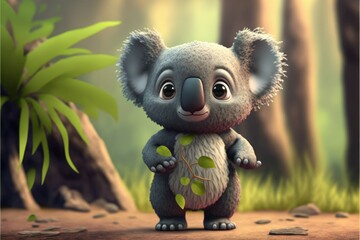 a cute adorable baby Koala generative ai  rendered in the style of children-friendly cartoon animation fantasy style	 - obrazy, fototapety, plakaty