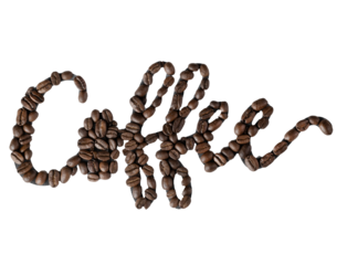 Coffee word written with coffee bean on transparent 