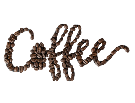 Coffee word written with coffee bean on transparent 