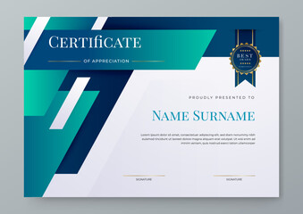 Modern elegant blue certificate of achievement template set with gold badge and border. Award diploma design blank. Vector Illustration