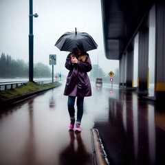 lonely girl, with an umbrella, walking on the road, in rainy weather, back view, silhouette, fantasy, ai