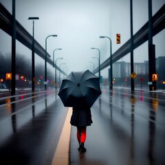 lonely girl, with an umbrella, walking on the road, in rainy weather, back view, silhouette, fantasy, ai