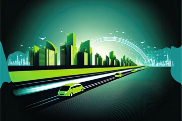 Generative AI modern green sustainable highway with green cars on a clean clean city