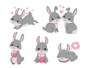 Obraz premium Rabbits in love set. Collection of graphic elements for website. Romance, tenderness and care. valentines day and wedding anniversary. Cartoon flat vector illustrations isolated on white background