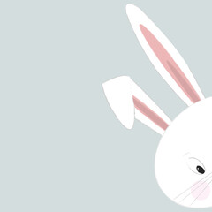 A white bunny watching with one eye on light blue background. Square format with copy space.