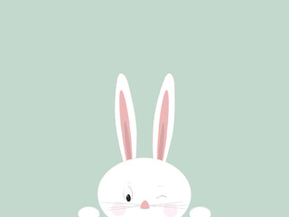 A white bunny winking one eye on green background. Rectangular format with copy space.