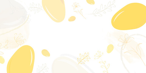 Yellow easter eggs and flowers card on white background. Rectangular format with copy space. 