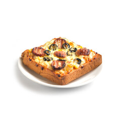 Assimilation of a sandwich as a mini pizza. There are photo and vector versions for design idea. The sandwich is added with cheese, hams, pickled olive and then baked. Served with ketchup or chilis