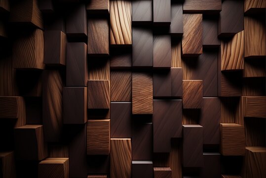 Wallpapered, wood-paneled walls with a natural wood finish. Wallcovering of wooden, tiled, and square blocks. Generative AI