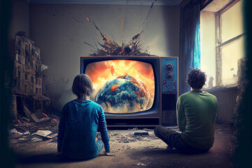 Generative ai Image of Children watching the world end on tv (as the world ends)