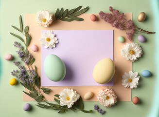 Naklejka na ściany i meble Composition avec carte d'invitation de Pâques, œufs et fleurs, tons pastels et vu de dessus - Générative IA