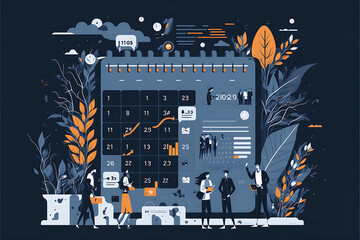 dark slate blue Flat vector illustration design Business planning concept and Business people team working with digital online calendar



