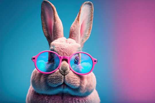 Portrait de lapin de Pâques avec des lunettes roses  - Générative IA