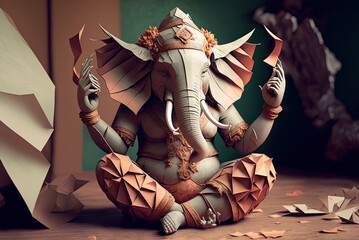 Origami of the Hindu god Ganesh. Generative AI - obrazy, fototapety, plakaty