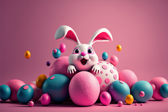 Lapin amusant cach&eacute; au milieu d'&oelig;ufs de P&acirc;ques sur fond rose  - G&eacute;n&eacute;rative IA