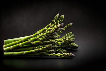 Green asparagus spears, fresh from the farm, on a black backdrop for copy. Generative AI - obrazy, fototapety, plakaty