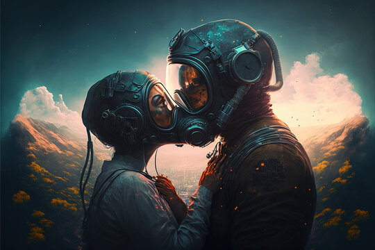 Couple amoureux avec casque, dans le futur, sur une planète polluée - Generative IA