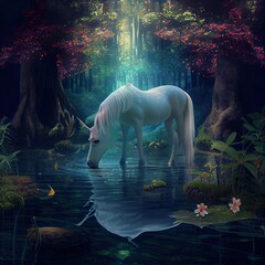 Obraz na płótnie Canvas Unicorn in a forest drinking from a pond. AI