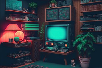 illustration, vintage retro room for entertainment, retro game concept, AI generative.