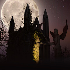 Angel of Death in front of a mausoleum - Spooky night background with the full moon - obrazy, fototapety, plakaty