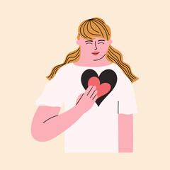 The concept of self-love, sincerity, kindness, sincerity. The woman puts her heart inside herself. Vector hand drawn illustration