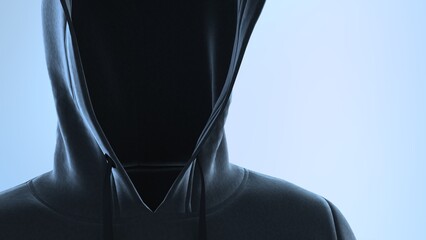 Anonymous hacker with black color hoodie in shadow under blue-white background. Dangerous criminal concept image. 3D CG. 3D illustration. 3D high quality rendering.
