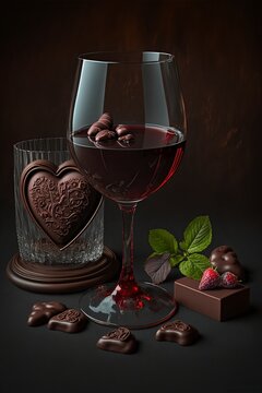 an illustration ,glass of wine and chocolates, on Valentine's Day, image generated by AI