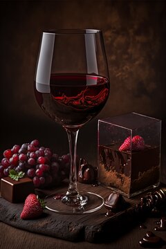 an illustration , glass of wine and chocolates, on Valentine's Day, image generated by AI