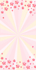 桜の花とポップで可愛い模様の入った放射背景素材　縦型