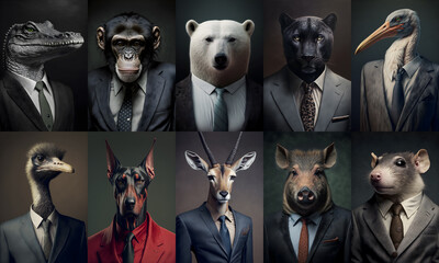 Set of portraits with animals in a business suits at the studio
